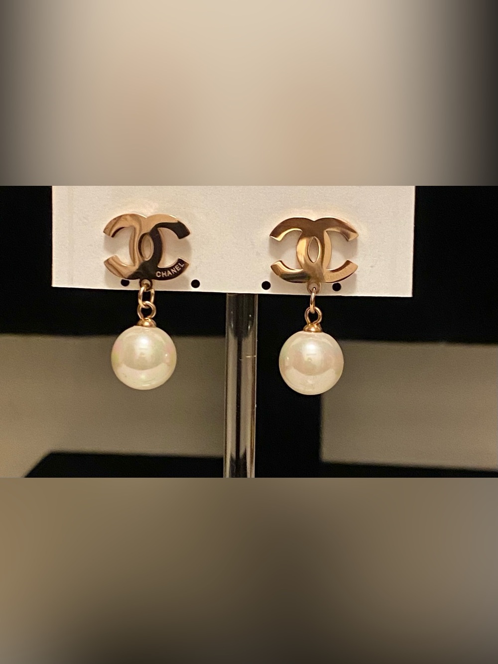 Fashion Jewelry 14K Rose Gold-Plated Logo C-C-Drop Earrings with Pearls